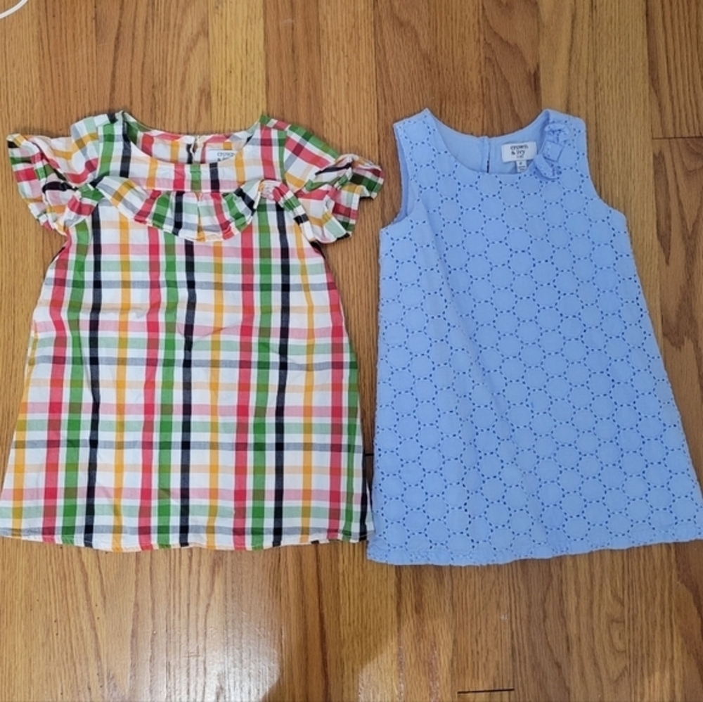 (2) Crown & Ivy Kids Dress Ruffle Colorful Plaid Cotton Dress 24 Mnths 2T Eyelet